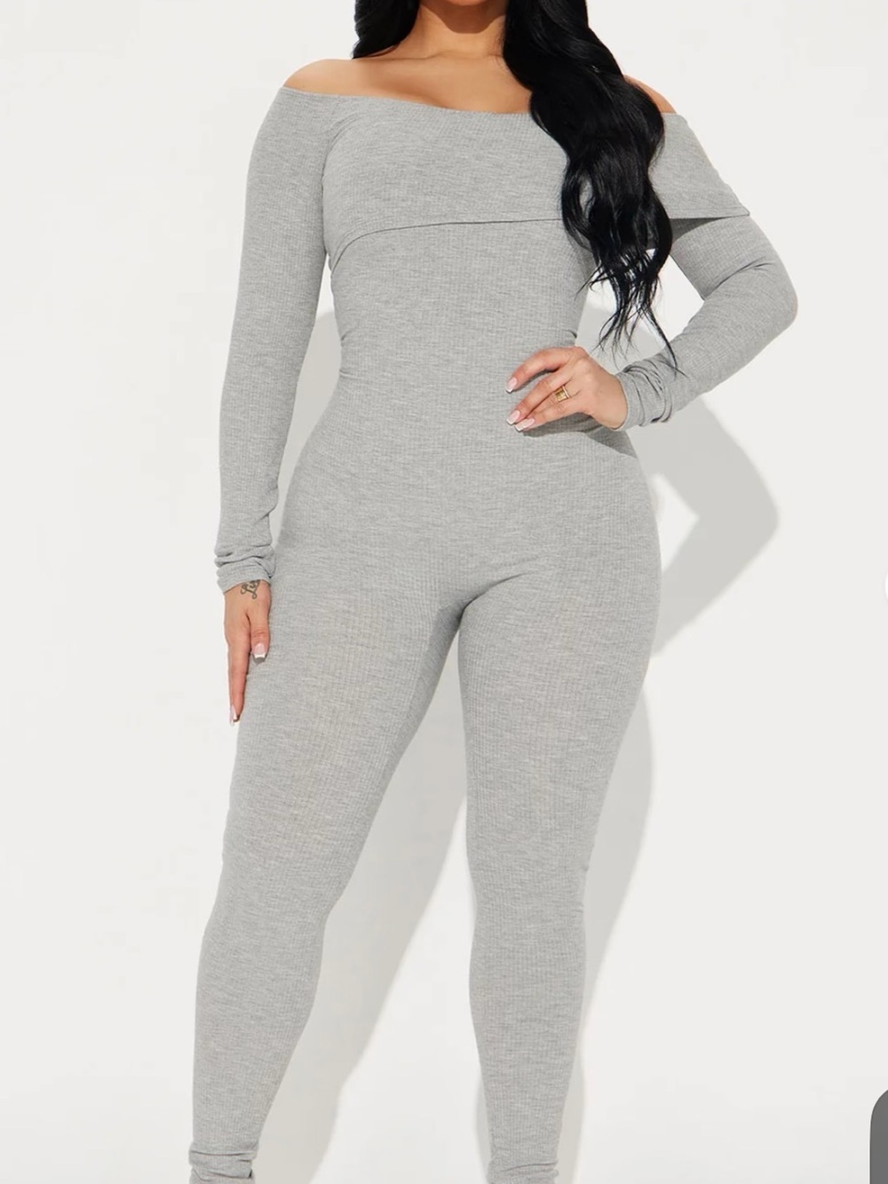 Fashion Nova Light Gray Ribbed Off-Shoulder Jumpsuit